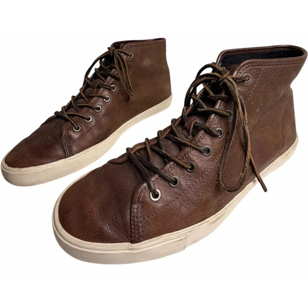Frye Brett High Top Leather Sneakers Brown Lace Up Casual Mens 10.5 Minimalist - Picture 6 of 14